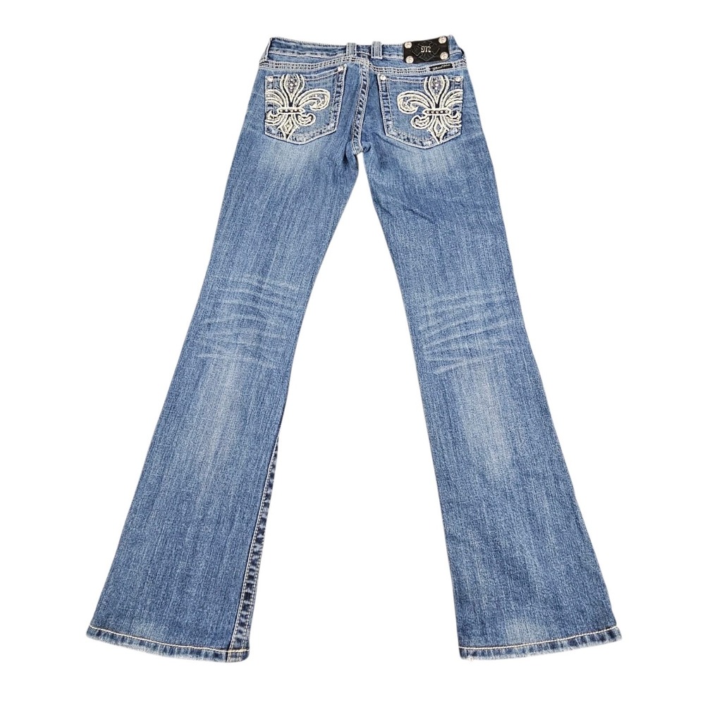 Miss Me Women's Boot Cut Jeans Size 27 Medium Wash Distressed Fleur De Lis READ - Picture 2 of 13
